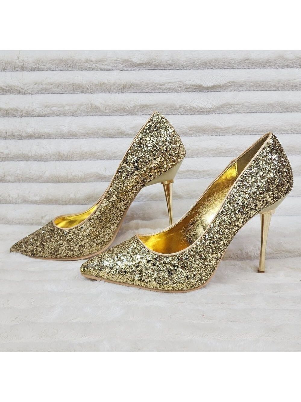 Pleaser Amuse Gold Glitter Pumps Slim Metal Stiletto Heels